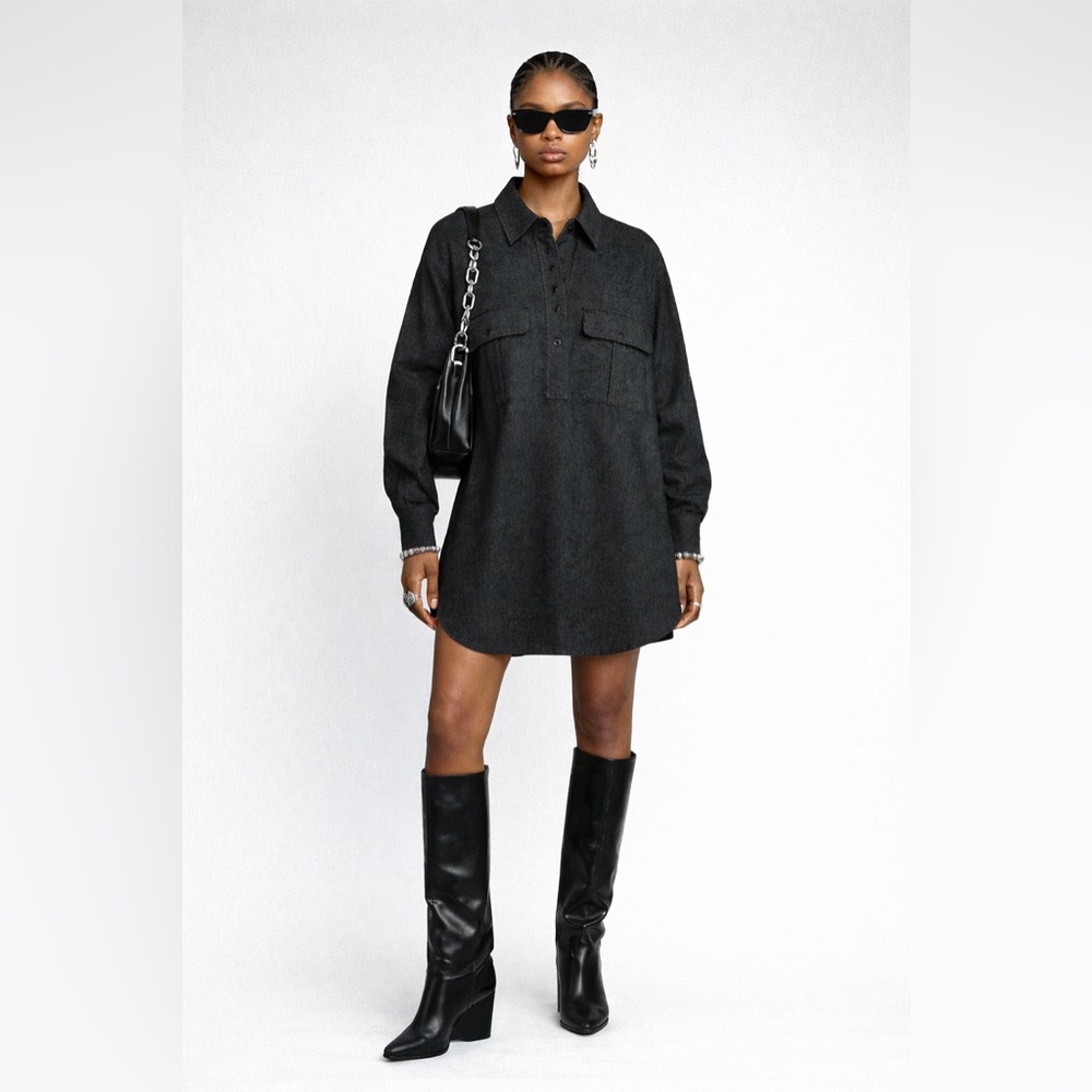 ZARA - Charcoal Shirt Dress | Long Sleeve, Pocket Detail